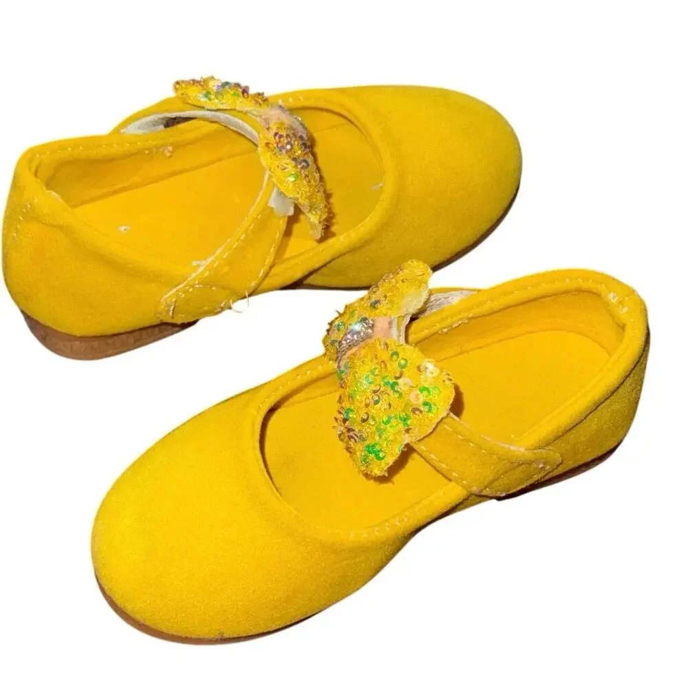 Neon Yellow Toddler Mary Jane Shoes Sequin Bow Girls Size 9C EU 26 Flats